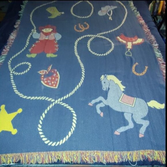 Navy Blue Western-Themed Throw Blanket - Picture 1 of 4